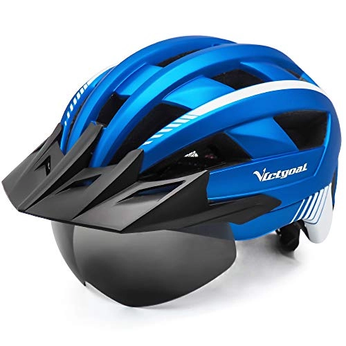 Mountain Bike Helmet : Victgoal Bike Helmet for Men Women with Led Light Detachable Magnetic Goggles Removable Sun Visor Mountain & Road Bicycle Helmets Adjustable Size Adult Cycling Helmets (Metal Blue)