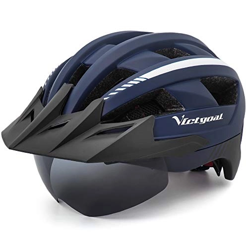 Mountain Bike Helmet : Victgoal Bike Helmet for Men Women with Led Light Detachable Magnetic Goggles Removable Sun Visor Mountain & Road Bicycle Helmets Adjustable Size Adult Cycling Helmets (Navy Blue)