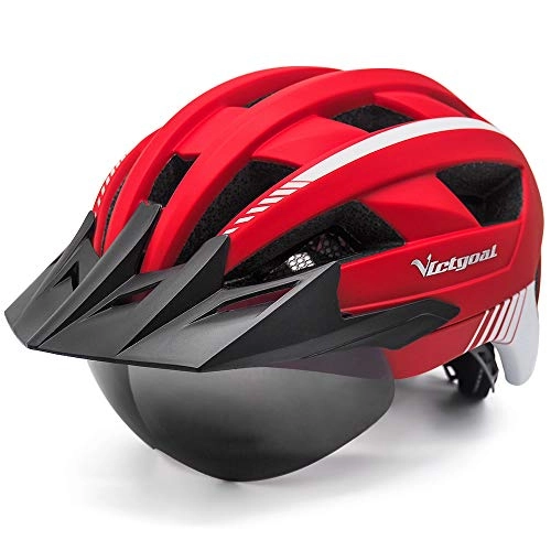 Mountain Bike Helmet : VICTGOAL Bike Helmet for Men Women with Led Light Detachable Magnetic Goggles Removable Sun Visor Mountain & Road Bicycle Helmets Adjustable Size Adult Cycling Helmets (Red)
