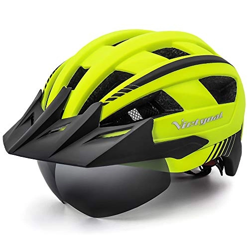 Mountain Bike Helmet : Victgoal Bike Helmet for Men Women with Led Light Detachable Magnetic Goggles Removable Sun Visor Mountain & Road Bicycle Helmets Adjustable Size Adult Cycling Helmets (Yellow)