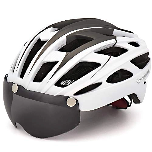 Mountain Bike Helmet : VICTGOAL Bike Helmet for Men Women with Safety Led Back Light Detachable Magnetic Goggles Visor Mountain & Road Bicycle Helmets Adjustable Adult Cycling Helmets (New White)