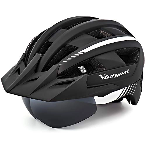 Mountain Bike Helmet : Victgoal Bike Helmet MTB Mountain Bike Helmet with Removable Magnetic Goggles Detachable Sun Visor and LED Rear Light Road Bicycle Helmet for Adult Men Women (Black White)