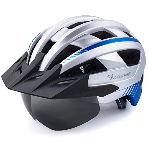 Mountain Bike Helmet : Victgoal Bike Helmet MTB Mountain Bike Helmet with Removable Magnetic Goggles Detachable Sun Visor and LED Rear Light Road Bicycle Helmet for Adult Men Women (Silver)