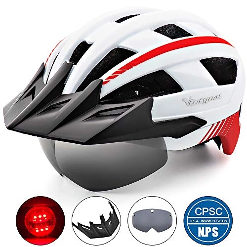 Mountain Bike Helmet : Victgoal Bike Helmet MTB Mountain Bike Helmet with Removable Magnetic Goggles Detachable Sun Visor and LED Rear Light Road Bicycle Helmet for Adult Men Women (White)