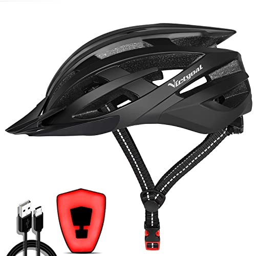 Mountain Bike Helmet : Victgoal Bike Helmet with Safety USB Rechargeable LED Light Adult Bicycle Helmet Detachable Sun Visor Cycling Mountain & Road Cycle Helmets for Men Women (Black)