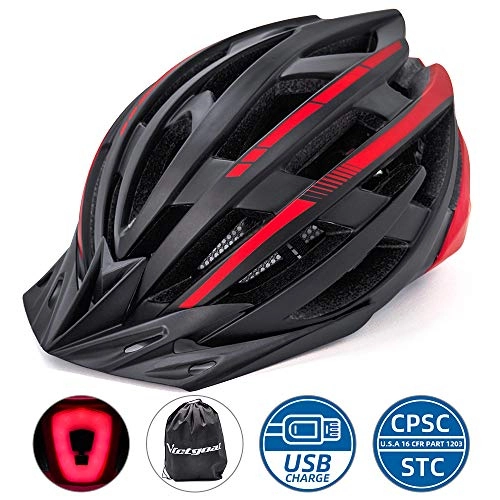 Mountain Bike Helmet : VICTGOAL Bike Helmet with Safety USB Rechargeable LED Light Adult Bicycle Helmet Detachable Sun Visor Cycling Mountain & Road Cycle Helmets for Men Women (Black Red)