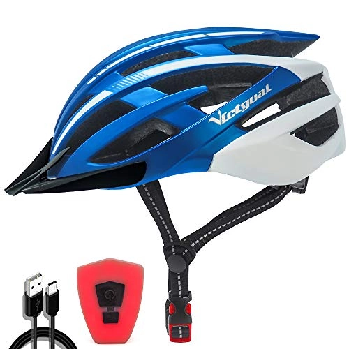 Mountain Bike Helmet : Victgoal Bike Helmet with Safety USB Rechargeable LED Light Adult Bicycle Helmet Detachable Sun Visor Cycling Mountain & Road Cycle Helmets for Men Women (Blue White)