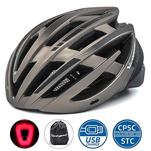 Mountain Bike Helmet : Victgoal Bike Helmet with Safety USB Rechargeable LED Light Adult Bicycle Helmet Detachable Sun Visor Cycling Mountain & Road Cycle Helmets for Men Women (Ti Black)