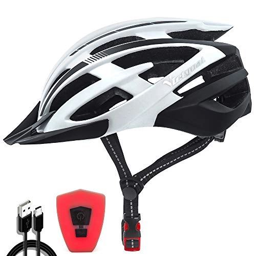 Mountain Bike Helmet : Victgoal Bike Helmet with Safety USB Rechargeable LED Light Adult Bicycle Helmet Detachable Sun Visor Cycling Mountain & Road Cycle Helmets for Men Women (White Black)