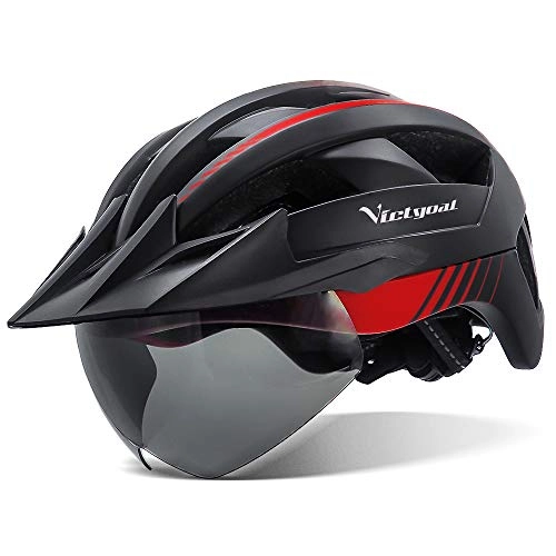 Mountain Bike Helmet : Victgoal Bike Helmet with USB Rechargeable LED Light Removable Magnetic Goggles Visor Breathable MTB Mountain Bicycle Helmet for Unisex Men Women Adjustable Cycle Helmets (Black Red)