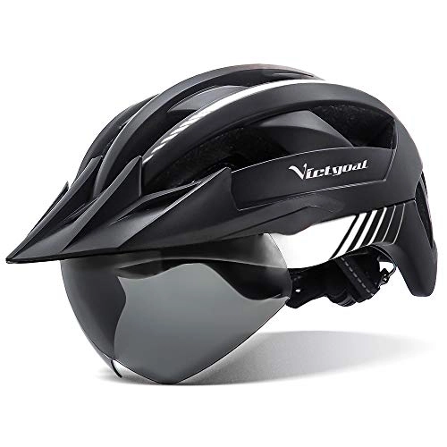 Mountain Bike Helmet : Victgoal Bike Helmet with USB Rechargeable LED Light Removable Magnetic Goggles Visor Breathable MTB Mountain Bicycle Helmet for Unisex Men Women Adjustable Cycle Helmets (Black White)
