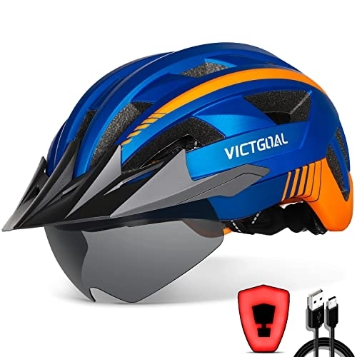 Mountain Bike Helmet : Victgoal Bike Helmet with USB Rechargeable LED Light Removable Magnetic Goggles Visor Breathable MTB Mountain Bicycle Helmet for Unisex Men Women Adjustable Cycle Helmets (L: 57-61 cm, Blue)