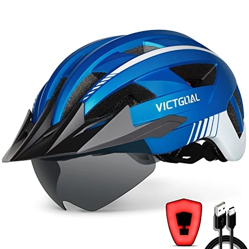 Mountain Bike Helmet : Victgoal Bike Helmet with USB Rechargeable LED Light Removable Magnetic Goggles Visor Breathable MTB Mountain Bicycle Helmet for Unisex Men Women Adjustable Cycle Helmets (L: 57-61 cm, Metal Blue)