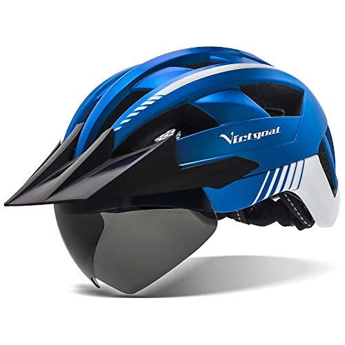 Mountain Bike Helmet : Victgoal Bike Helmet with USB Rechargeable LED Light Removable Magnetic Goggles Visor Breathable MTB Mountain Bicycle Helmet for Unisex Men Women Adjustable Cycle Helmets (Metal Blue)