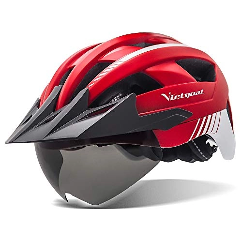 Mountain Bike Helmet : Victgoal Bike Helmet with USB Rechargeable LED Light Removable Magnetic Goggles Visor Breathable MTB Mountain Bicycle Helmet for Unisex Men Women Adjustable Cycle Helmets (Red)