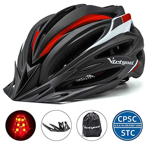 Mountain Bike Helmet : Victgoal Bike Helmet with Visor LED Taillight Insect Net Padded Road Mountain Bike Cycling Helmet Lightweight Cycle Bicycle Helmets for Adult Men and Women (Black Red)