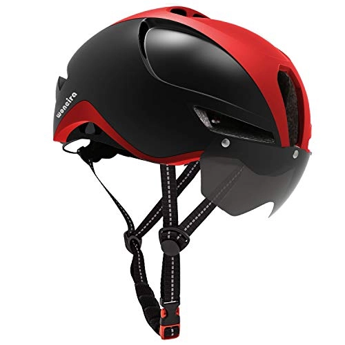 Mountain Bike Helmet : WONEIRA Bike Helmet, Bicycle Helmet with Detachable Magnetic Goggles and Rear Light for Adult Road / Biking / Mountain Cycling Helmet Men / Women CPSC Safety Standard (Black Red)