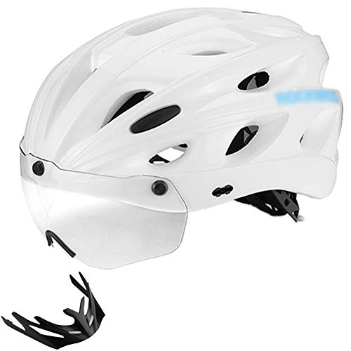 Mountain Bike Helmet : YWZQ Integrally-Molded Bicycle Helmets, Ultralight Magnetic Goggles MTB Mountain Road Cycling Helmets with Sun Visor 57-62 CM, White