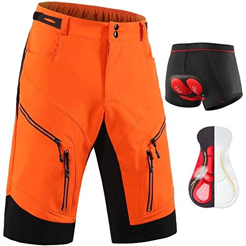 Mountain Bike Short : Baggy Mountain Bike Shorts for Men, MTB Shorts with 6 Pockets, 3D Gel Padded Cycling Underwear with Padding, Loose Fit Downhill Sport Cycling Shorts Set Breathable Lightweight, Orange, S