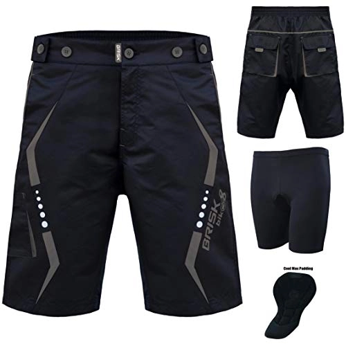 Mountain Bike Short : Brisk MTB shorts, Coolamax Padded, detachable Inner Lining, Free Style Adult Size (Black Grey, Large)
