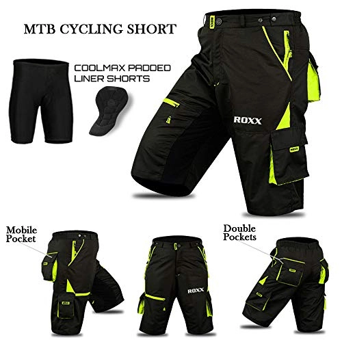 Mountain Bike Short : Cycling MTB Shorts, Coolmax Padded, detachable Inner Lining, Free Style Adult Size -Black / Fluorescent (MEDIUM)