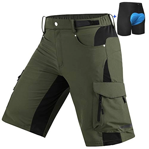 Mountain Bike Short : Cycorld Men's-MTB-Shorts-Mountain-Bike-Shorts 4D Padded Loose Fit Baggy Cycling Shorts with Zip Pockets (Green, L)