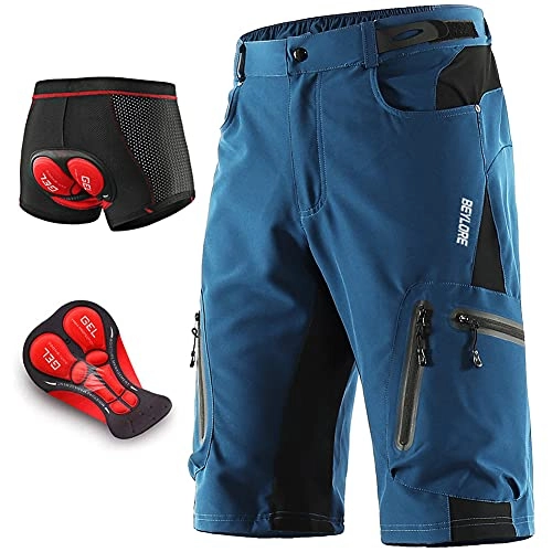 Mountain Bike Short : JOPCDN Mountain Bike Shorts for Men Padded Breathable MTB Shorts Loose Fit Adjustable Waistband with 6 Pockets & 3D Gel Padded Quick Dry Waterproof Reflective Cycling Shorts, Blue, XL