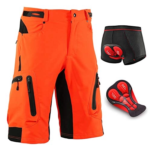 Mountain Bike Short : JOPCDN Mountain Bike Shorts for Men Padded Breathable MTB Shorts Loose Fit Adjustable Waistband with 6 Pockets & 3D Gel Padded Quick Dry Waterproof Reflective Cycling Shorts, Orange, XL