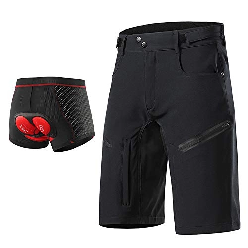 Mountain Bike Short : Loose Fit Cycling Shorts Men, MTB Mountain Bike Shorts Bicycle Underwear 3D Gel Padded, Waterproof Outdoor Sports Shorts Breathable Quick-Drying with Zipper Pockets, Black, L