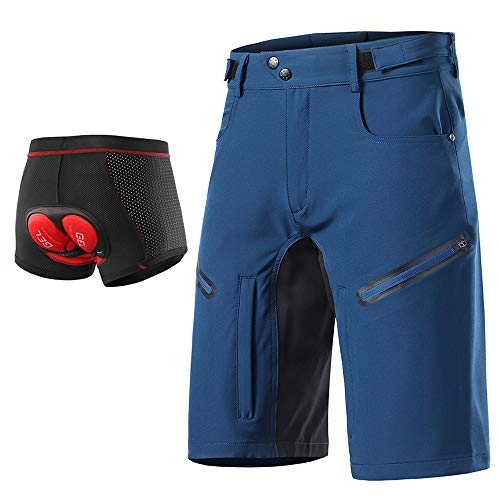 Mountain Bike Short : Loose Fit Cycling Shorts Men, MTB Mountain Bike Shorts Bicycle Underwear 3D Gel Padded, Waterproof Outdoor Sports Shorts Breathable Quick-Drying with Zipper Pockets, Dark blue, L