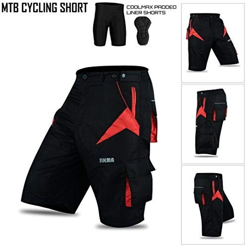 Mountain Bike Short : MTB Shorts Off Road Cycling Shorts Detachable Padded Liner (Black / Red, X-Large)