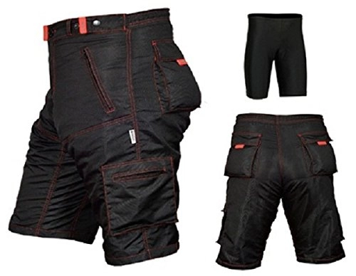 Mountain Bike Short : ProAthletica MTB Black Cycling Shorts, Cycle, Mountain Bike, Off Road, CoolMax Padded Inner Lycra Liner (Black / Red Stitching) X Large (36"-38") waist