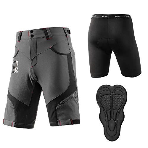Mountain Bike Short : ROCKBROS Men’s Cycling Short 4D Padded Mountain Bike Undershorts Cycling Breathable Underwear Anti-Slip Quick-Drying Double-Layer Short Pants for Outdoor Cycling Running Bicycle Training Grey