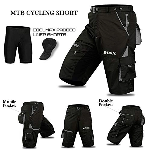 Mountain Bike Short : ROXX Cycling MTB Shorts, Coolmax Padded, detachable Inner Lining, Free Style Adult Size -Black / Grey (X-LARGE)