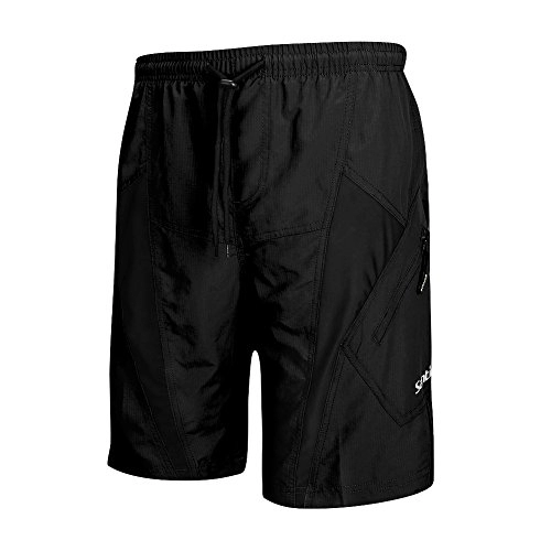 Mountain Bike Short : Santic Mens Cycling Shorts Sports Baggy Lounge Loose Fit 4D Padded Zipper Pockets Breathable MTB Running Gym Training Black