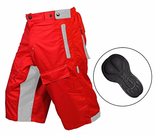 Mountain Bike Short : Select MTB Mountain Bike Baggy Shorts with Lycra CoolMax Padded Liner (Red / Grey, Large)