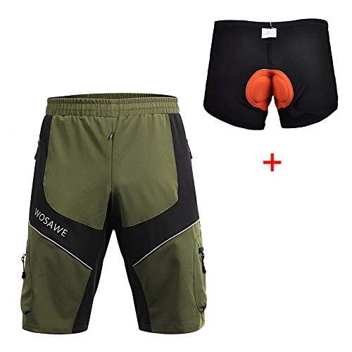 Mountain Bike Short : WOSAWE Mens Cycling Short Waterproof Lightweight Mountain Bike 1 / 2 Pants + 3D Padded Gel Breathable Bicycle Underwear (Army Green XXL)