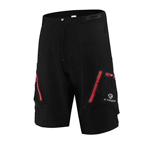 Mountain Bike Short : X-TIGER Men's Bicycle Shorts, Lightweight and Baggy Mountain Bike Shorts for Cycling Running Gym Training Shorts Pants for Off Road Cycling Outdoor Sports Leisure Bottoms (Black and Red, XXL)