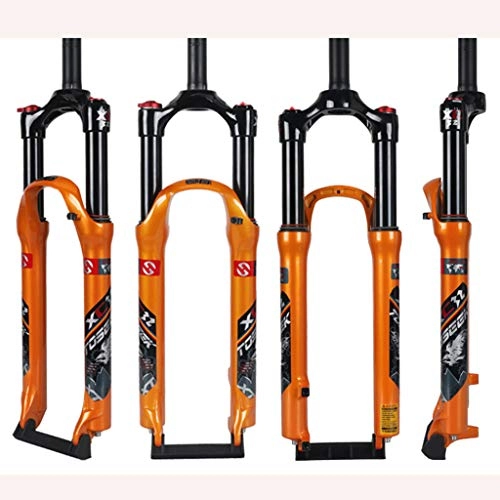 Mountainbike Gabeln : AIFCX Fahrradfedergabel, MTB-Fahrrad-Vorderradluftgabel, Doppelschultersteuerung mit geradem Rohr, Gasdruckstoßdämpfer aus Aluminiumlegierung, 120-mm-Reisescheibenbremse, Gold-27.5IN