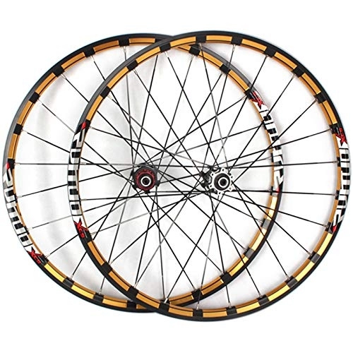 Mountainbike-Räder : Mountainbike Laufradsatz 26 / 27.5 Zoll Radfahren Fahrrad Räder Scheibenbremse QR Double-Layer Felge Hochfesten Ultraleichte 8, 9, 10 Cassette Flywheel (Color : Gold hub Gold Logo, Size : 26inch)