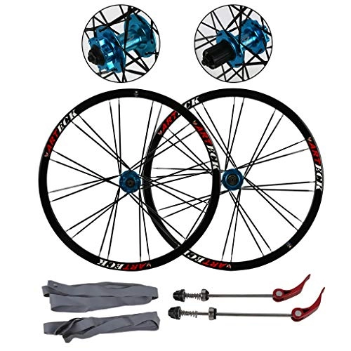 Mountainbike-Räder : Queena Mountain Bike Wheel Set Vorder- und Hinterrad Set 26" Flat Spokes 24 Holes Scheibenbremse Schnellspanner Fahrrad-Rad-Aluminium-Legierung Rad (Schwarze Kante + Blau Hub Drum + Black Spokes)