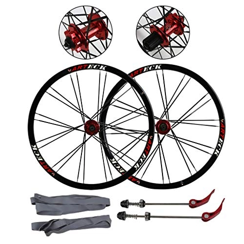 Mountainbike-Räder : Queena Mountain Bike Wheel Set Vorder- und Hinterrad Set 26" Flat Spokes 24 Holes Scheibenbremse Schnellspanner Fahrrad-Rad-Aluminium-Legierung Rad (Schwarze Kante + Red Hub Drum + Black Spokes)
