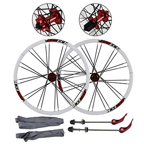 Mountainbike-Räder : Queena Mountain Bike Wheel Set Vorder- und Hinterrad Set 26" Flat Spokes 24 Holes Scheibenbremse Schnellspanner Fahrrad-Rad-Aluminium-Legierung Rad (White Rim + Red Hub Drum + Black Spokes)