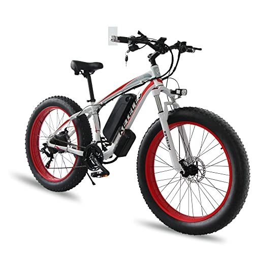 Elektrische Mountainbike : 26 Inch Electric Bicycles E Bike, Electric Bicycle with 48 V Removable 17.5 Ah Battery, Grease Tyre Mountain / Snow E-Bike for Adults Men Women (weiß Rot)