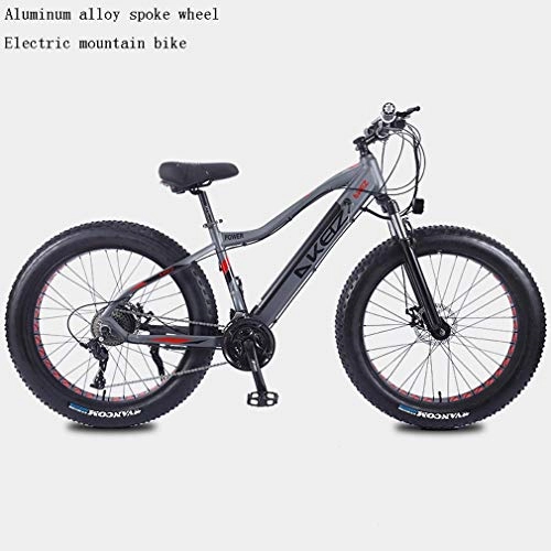 Elektrische Mountainbike : Adult Fat Tire Elektro Mountainbike, 27-Gang Schnee Bikes, tragbarer 10Ah Li-Battery Beach Cruiser Fahrrad, Leichtes Aluminium Rahmen, 26 Zoll-Rder, Grau, B