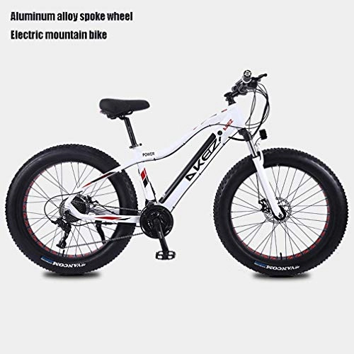 Elektrische Mountainbike : Adult Fat Tire Elektro Mountainbike, 27-Gang Schnee Bikes, tragbarer 10Ah Li-Battery Beach Cruiser Fahrrad, Leichtes Aluminium Rahmen, 26 Zoll-Rder, Wei, A