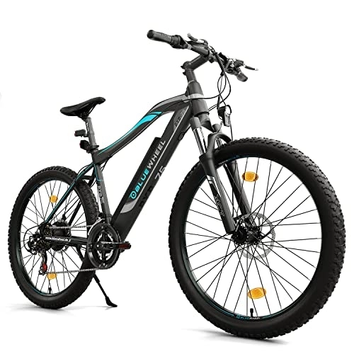 Elektrische Mountainbike : BLUEWHEEL E-Bike 27, 5“ & 29“ | EU-konform Offroad E-Mountainbike 21 Gänge & Hinterradmotor für 25 km / h bis zu 150 km |Fahrrad mit MTB Federgabel, App, LED Licht | BXB75
