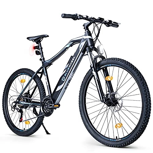 Elektrische Mountainbike : BLUEWHEEL E-Bike 27, 5“ & 29“ I Deutsche Qualitätsmarke | EU-konform E-Mountainbike 21 Gänge & Hinterradmotor für 25 km / h | Fahrrad mit MTB Federgabel, App, LED Licht & Gel-Sattel | BXB75 Ebike