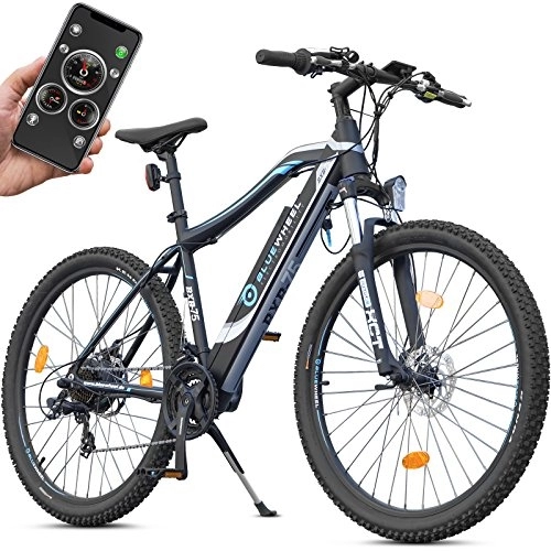 Elektrische Mountainbike : Bluewheel, E-Bike BXB75, mit Mobile-App, mit Bafang-Heck-Motor, 250 W, 13-Ah-Batterie, Schaltwerk Shimano-Schaltwerk mit 21 Gängen, Scheibenbremsen, bis 24 km / h, Elektrofahrrad, für Damen und Herren