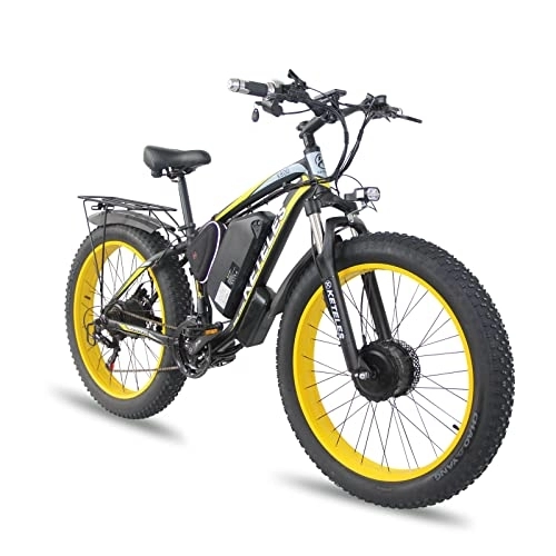 Elektrische Mountainbike : BYINGWD 26-Zoll-e-Bike Mountainbike, Elektrofahrrad Ebike, 26 Zoll E-Bike Mountainbike, Heckmotor + Frontmotor, Doppelmotor, Abnehmbare Lithiumbatterie, Shimano 21-Geschwindigkeit, (Color:Gelb)